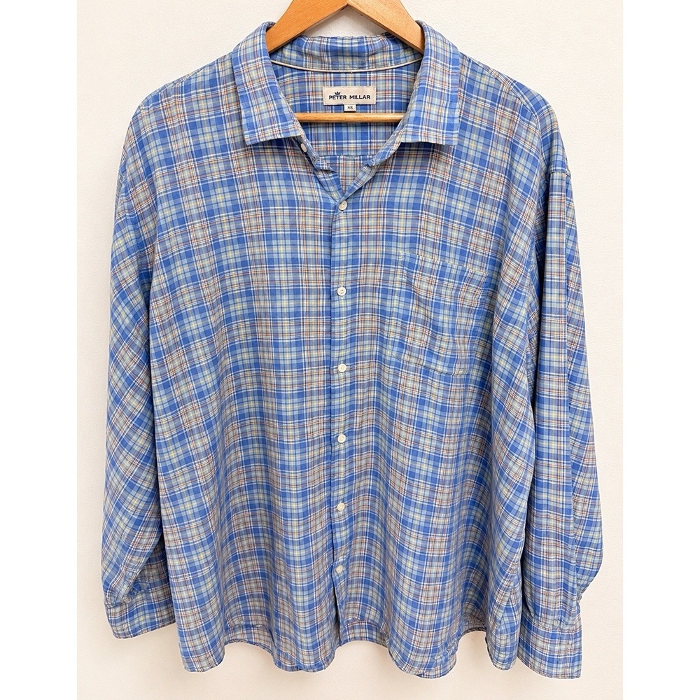 Peter Millar Men's 2XL Regular Blue Plaid Long Sleeve Cotton Button-Up Shirt